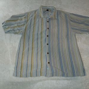 100% Silk Tommy Bahama Blue and Green Striped Shirt